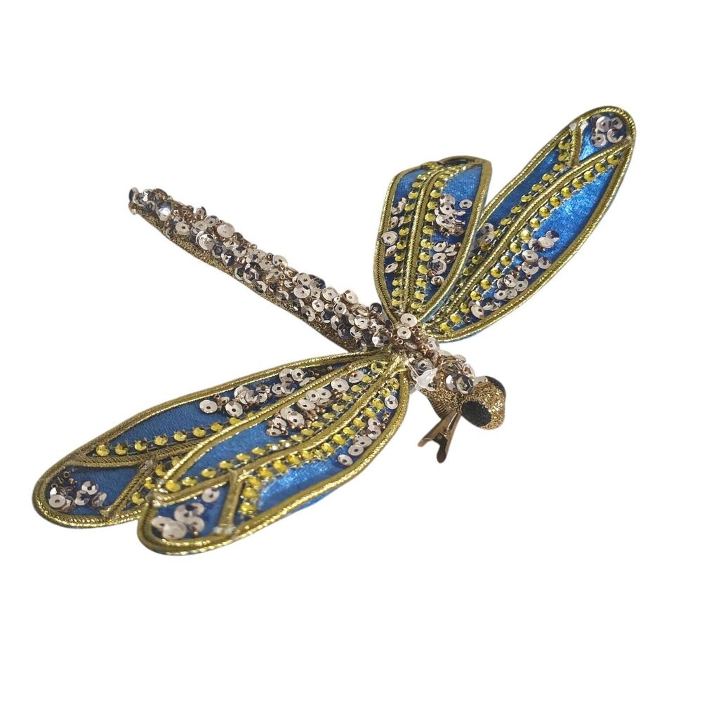 NWT Blue Gold Dragonfly Sequin Glitter Clip On Christmas Ornament  Macys
